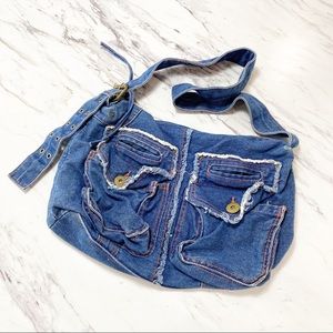 Denim Fringe Multi Pocket Hobo Bag
